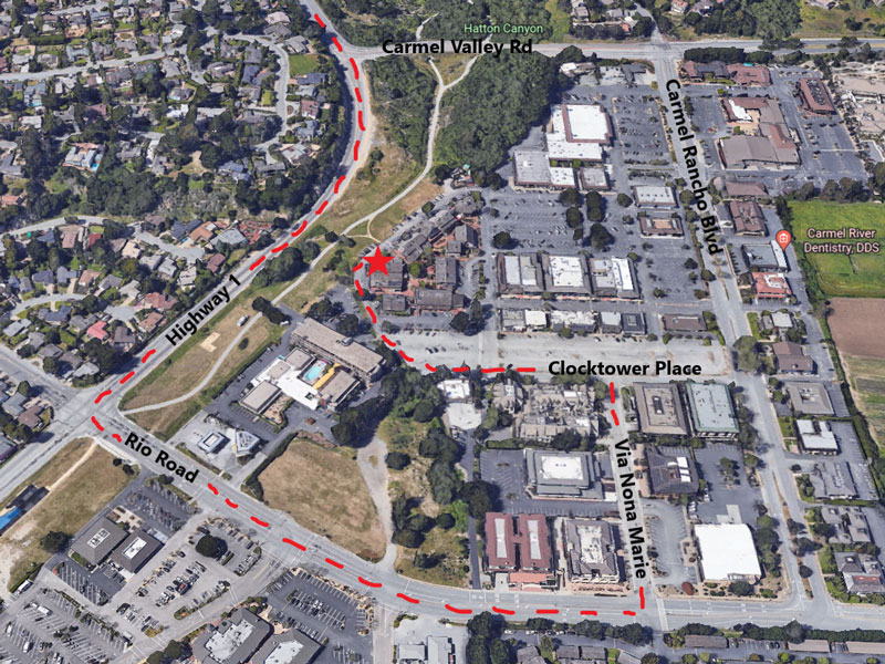 satellite view with red dashed lines marking the route to to Carmel Design Center
